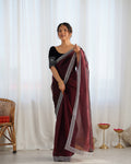 Maroon Twill Net 3 Mm Seqwance Work With Rich Gold Zari Work Saree With Blouse Piece