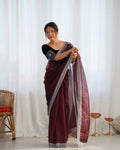 Maroon Twill Net 3 Mm Seqwance Work With Rich Gold Zari Work Saree With Blouse Piece