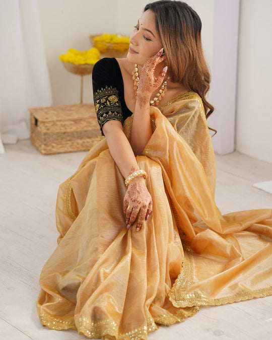 Yellow Twill Net 3 Mm Seqwance Work With Rich Gold Zari Work Saree With Blouse Piece