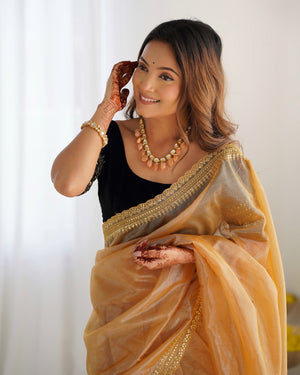 Yellow Twill Net 3 Mm Seqwance Work With Rich Gold Zari Work Saree With Blouse Piece