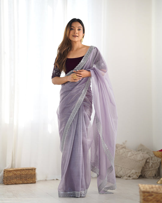 Lavender Twill Net 3 Mm Seqwance Work With Rich Gold Zari Work Saree With Blouse Piece