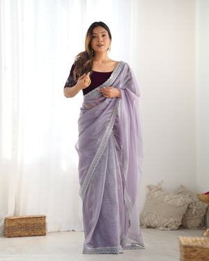 Lavender Twill Net 3 Mm Seqwance Work With Rich Gold Zari Work Saree With Blouse Piece