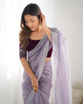 Lavender Twill Net 3 Mm Seqwance Work With Rich Gold Zari Work Saree With Blouse Piece
