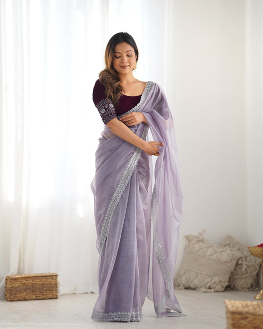 Lavender Twill Net 3 Mm Seqwance Work With Rich Gold Zari Work Saree With Blouse Piece