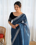 Blue Twill Net 3 Mm Seqwance Work With Rich Gold Zari Work Saree With Blouse Piece