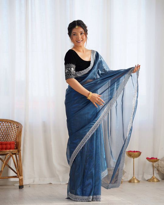 Blue Twill Net 3 Mm Seqwance Work With Rich Gold Zari Work Saree With Blouse Piece