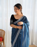Blue Twill Net 3 Mm Seqwance Work With Rich Gold Zari Work Saree With Blouse Piece