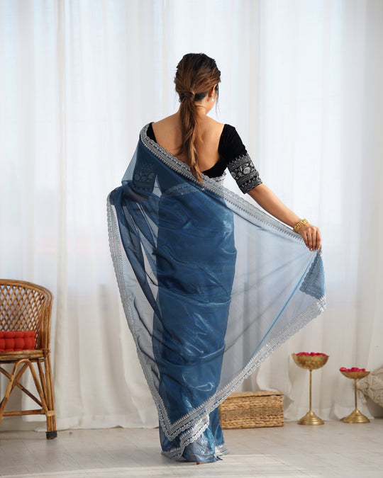 Blue Twill Net 3 Mm Seqwance Work With Rich Gold Zari Work Saree With Blouse Piece