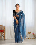 Blue Twill Net 3 Mm Seqwance Work With Rich Gold Zari Work Saree With Blouse Piece