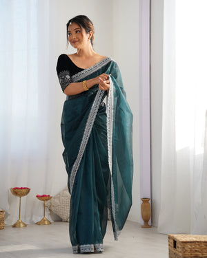 Teal Green Twill Net 3 Mm Seqwance Work With Rich Gold Zari Work Saree With Blouse Piece