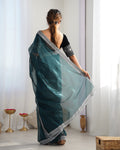 Teal Green Twill Net 3 Mm Seqwance Work With Rich Gold Zari Work Saree With Blouse Piece