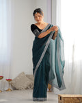 Teal Green Twill Net 3 Mm Seqwance Work With Rich Gold Zari Work Saree With Blouse Piece