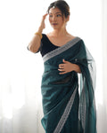 Teal Green Twill Net 3 Mm Seqwance Work With Rich Gold Zari Work Saree With Blouse Piece