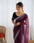 Wine Twill Net 3 Mm Seqwance Work With Rich Gold Zari Work Saree With Blouse Piece