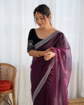Wine Twill Net 3 Mm Seqwance Work With Rich Gold Zari Work Saree With Blouse Piece