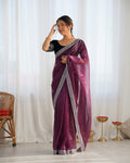 Wine Twill Net 3 Mm Seqwance Work With Rich Gold Zari Work Saree With Blouse Piece