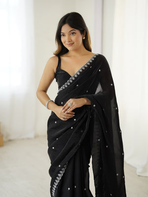 Black Fendy Satin 3 Mm Seqwance Work Saree With Blouse Piece