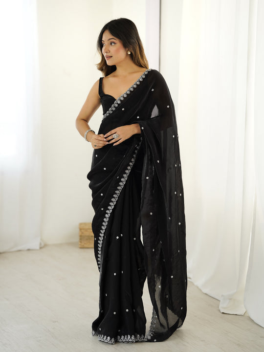 Black Fendy Satin 3 Mm Seqwance Work Saree With Blouse Piece
