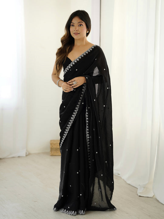 Black Fendy Satin 3 Mm Seqwance Work Saree With Blouse Piece