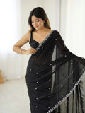 Black Fendy Satin 3 Mm Seqwance Work Saree With Blouse Piece
