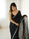 Black Fendy Satin 3 Mm Seqwance Work Saree With Blouse Piece