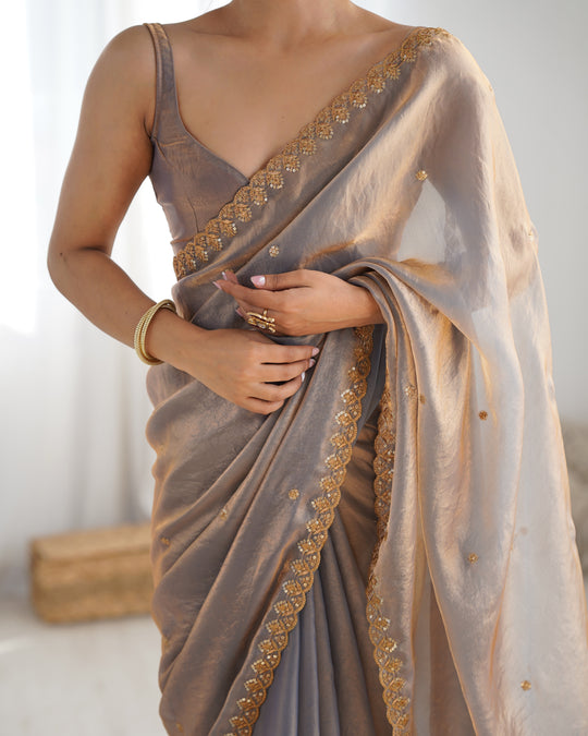 Grey Fendy Satin 3 Mm Seqwance Work Saree With Blouse Piece