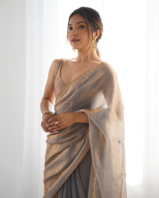 Grey Fendy Satin 3 Mm Seqwance Work Saree With Blouse Piece