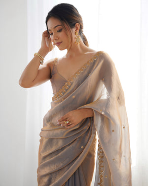 Grey Fendy Satin 3 Mm Seqwance Work Saree With Blouse Piece