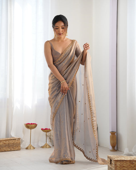 Grey Fendy Satin 3 Mm Seqwance Work Saree With Blouse Piece