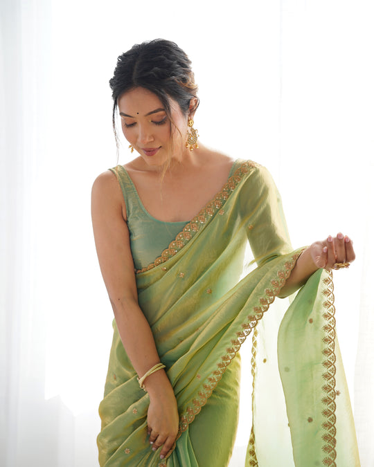 Green Fendy Satin 3 Mm Seqwance Work Saree With Blouse Piece