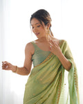 Green Fendy Satin 3 Mm Seqwance Work Saree With Blouse Piece