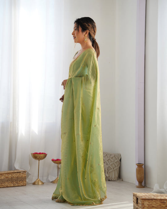 Green Fendy Satin 3 Mm Seqwance Work Saree With Blouse Piece