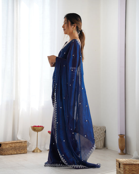 Blue Fendy Satin 3 Mm Seqwance Work Saree With Blouse Piece