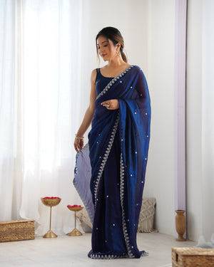 Blue Fendy Satin 3 Mm Seqwance Work Saree With Blouse Piece