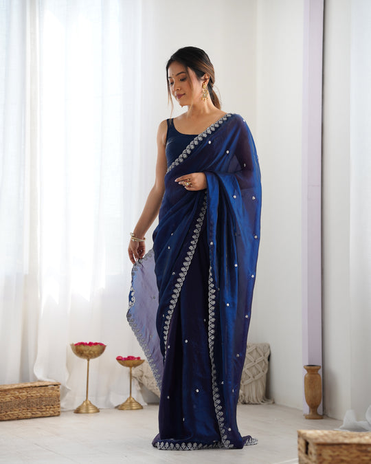 Blue Fendy Satin 3 Mm Seqwance Work Saree With Blouse Piece