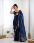 Blue Fendy Satin 3 Mm Seqwance Work Saree With Blouse Piece