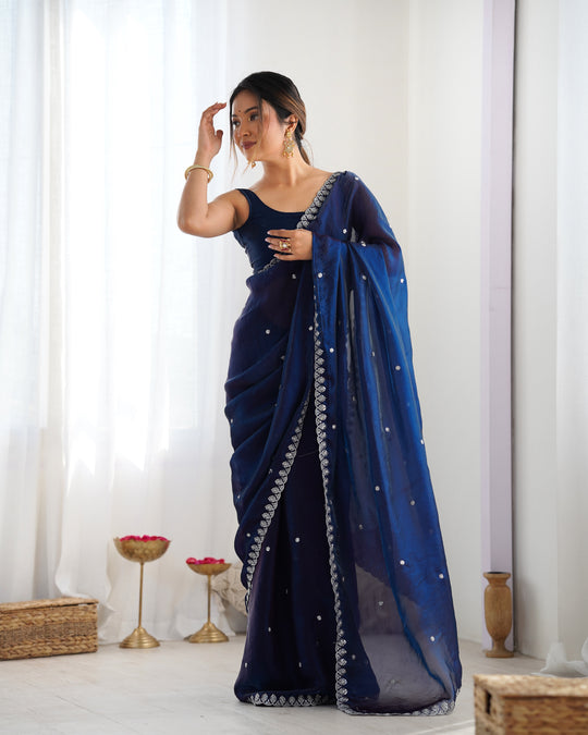 Blue Fendy Satin 3 Mm Seqwance Work Saree With Blouse Piece