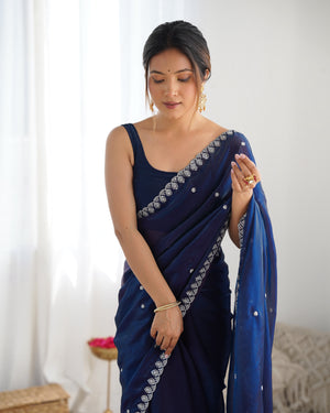 Blue Fendy Satin 3 Mm Seqwance Work Saree With Blouse Piece