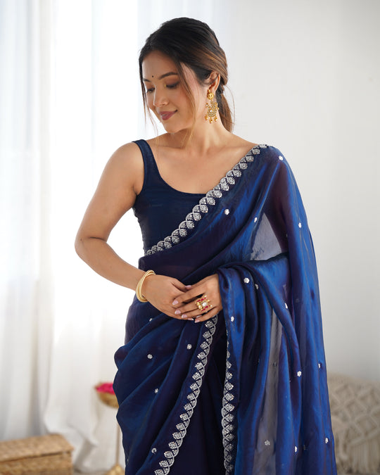 Blue Fendy Satin 3 Mm Seqwance Work Saree With Blouse Piece