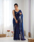 Blue Fendy Satin 3 Mm Seqwance Work Saree With Blouse Piece