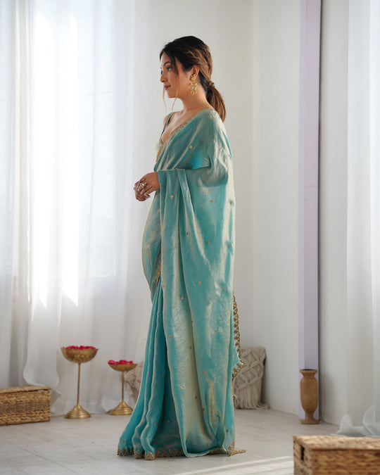 Sky Blue Fendy Satin 3 Mm Seqwance Work Saree With Blouse Piece