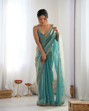 Sky Blue Fendy Satin 3 Mm Seqwance Work Saree With Blouse Piece