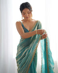 Sky Blue Fendy Satin 3 Mm Seqwance Work Saree With Blouse Piece