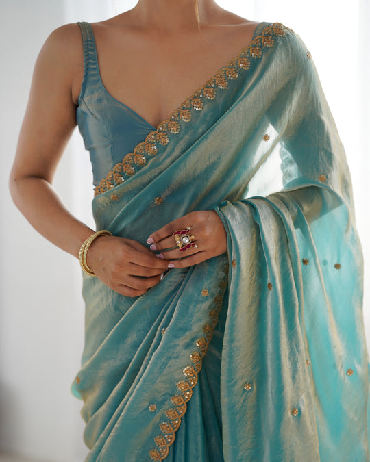 Sky Blue Fendy Satin 3 Mm Seqwance Work Saree With Blouse Piece