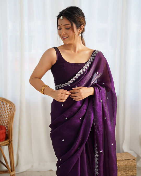 Purple Fendy Satin 3 Mm Seqwance Work Saree With Blouse Piece