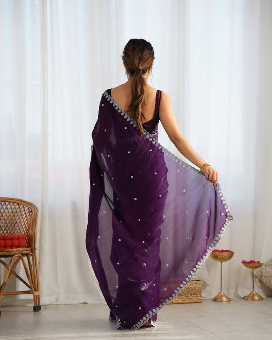Purple Fendy Satin 3 Mm Seqwance Work Saree With Blouse Piece