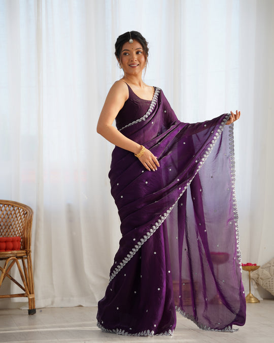 Purple Fendy Satin 3 Mm Seqwance Work Saree With Blouse Piece