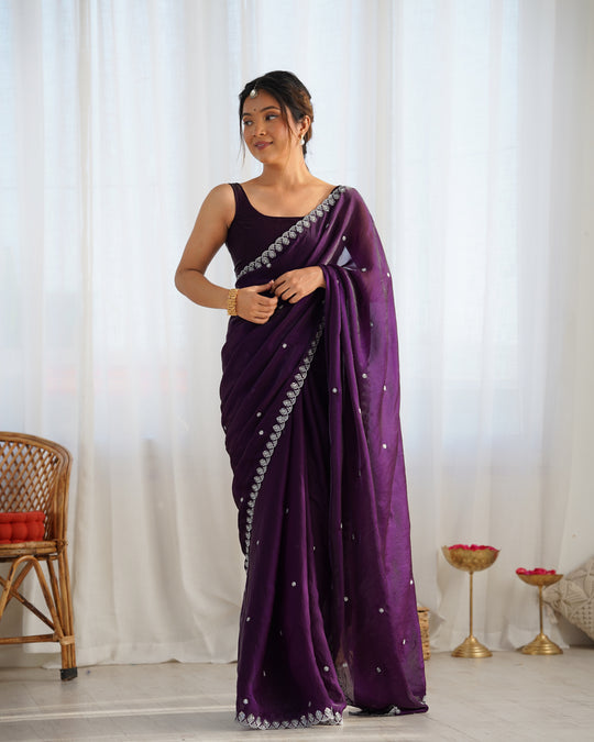 Purple Fendy Satin 3 Mm Seqwance Work Saree With Blouse Piece