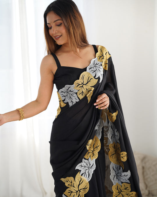 Black Vichitra Silk Sequins Embroidery Work With Cut Work Border Saree With Blouse Piece
