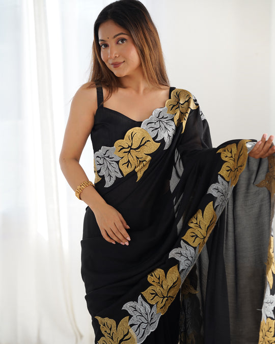 Black Vichitra Silk Sequins Embroidery Work With Cut Work Border Saree With Blouse Piece